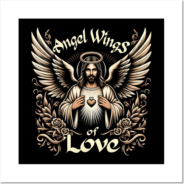 Angel Wings of Love, Jesus with outstretched arms embraces his heart Wall Art by ArtbyJester